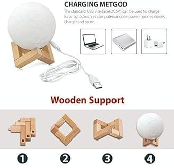 REFULGIX 3D Moon Lamp 15cm with Wooden Stand | 7 Color Changing LED Touch Sensor Night Light | USB Rechargeable Moonlight Table Lamp for Bedroom, Kids, Home Décor, and Festival Gifts