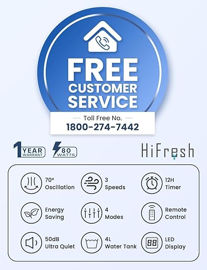 HIFRESH Air Cooler for Home, Mute Operation, 107CM Tower Cooler w/Remote & LED Display, 4 Mode & 3 Speed, 12H Timer, 26 Feet Air Delivery, 4L Water Tank, 4 Ice Packs, 70° Swing Control, 80W Low Power