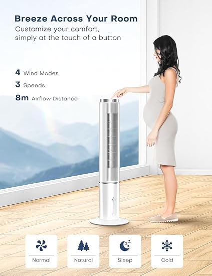 HIFRESH Air Cooler for Home, Mute Operation, 107CM Tower Cooler w/Remote & LED Display, 4 Mode & 3 Speed, 12H Timer, 26 Feet Air Delivery, 4L Water Tank, 4 Ice Packs, 70° Swing Control, 80W Low Power
