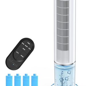 HIFRESH Air Cooler for Home, Mute Operation, 107CM Tower Cooler w/Remote & LED Display, 4 Mode & 3 Speed, 12H Timer, 26 Feet Air Delivery, 4L Water Tank, 4 Ice Packs, 70° Swing Control, 80W Low Power
