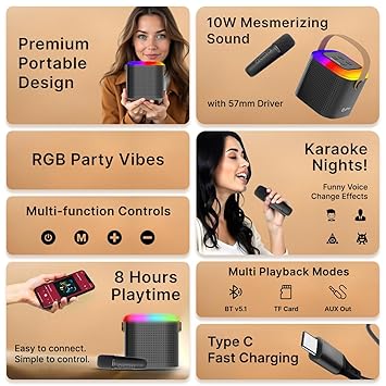 pTron Newly Launched Fusion Tunes 10W Mini Bluetooth Speaker with Wireless Karaoke Mic, 8Hrs Playtime, Vivid RGB Lights, Voice Effects, Multi-Play Modes BT5.1/TF Card & Type-C Charging Port (Black)